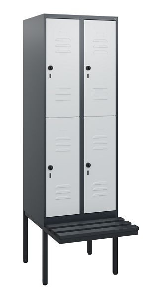 C+P Doppelstöckiger Spind Classic PLUS, 2 Abteile, 1950x600x815mm, 7016/7035, Drehriegel, mit Untergestell und schwebender Sitzfläche, 0803405-20 S10073