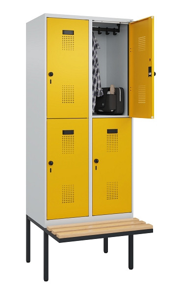 C+P Doppelstock-Spind Evolo PLUS, Bank, 4 Fächer, 2120x800x815mm, 7035/1004, Drehriegel, Sitzfläche Buche-Hartholz, 0493407-22 S10000