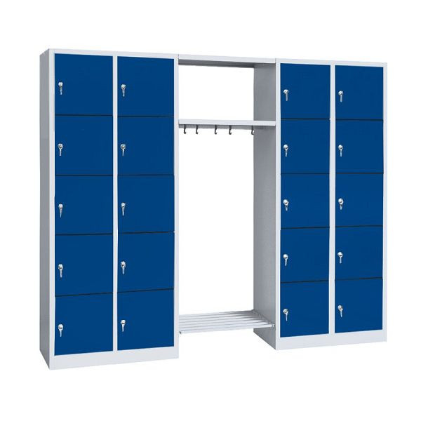 Lüllmann Garderobe, 2 Abteile links, 2 Abteile rechts, je 5 Fächer, 1800 x 2400 x 500 mm, lichtgrau/enzianblau, 525551
