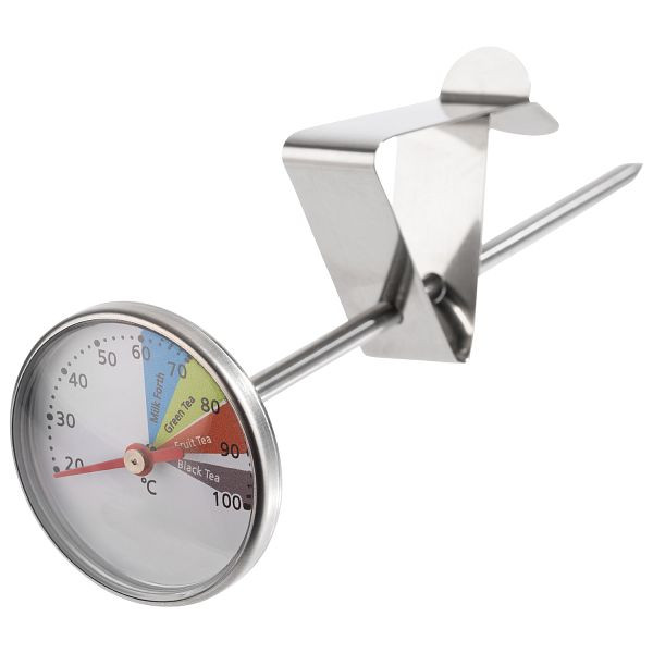 APS Thermometer für Milchkännchen, Ø 4 cm, Länge: 13,5 cm, 18/8 Edelstahl, Glas, höhenverstellbar, Temperaturbereich 20°C bis 100°C, Graduierung 2°C, 10355