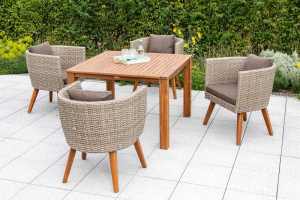 Merxx Imperia Set 5-teilig, 4 Imperia Sessel, inkl. Sitzkissen, 1 Tisch 110 x 110 cm, Akazienholz, beige, FSC Akazienholz, 50433-255