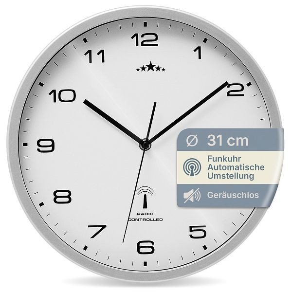 monzana Funkwanduhr Weiß/Silber Ø31cm, 101556, 4250525310573