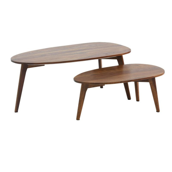 Wohnling Design Couchtisch 2er Set Sheesham Massivholz Wohnzimmertisch Braun, Satztisch Holztisch Nierenform Kaffeetisch, WL6.724
