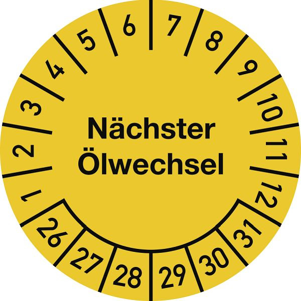 Moedel Prüfplakette Nächster Ölwechsel 2026-2031, Dokumentenfolie, Ø 25 mm, VE: 10 Stück/Bogen, 107084