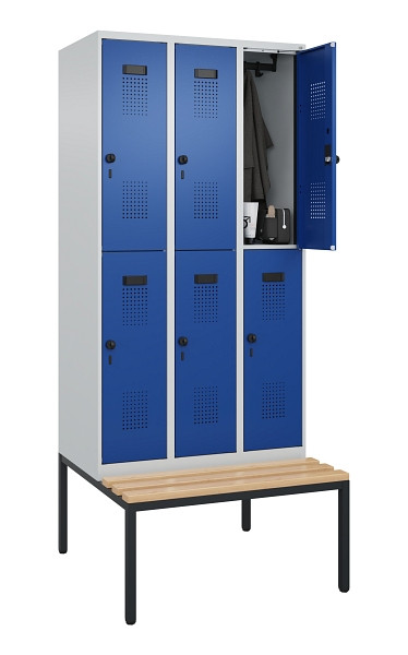 C+P Doppelstock-Spind Evolo PLUS, Bank, 6 Fächer, 2120x900x815mm, 7035/5010, Drehriegel, Sitzfläche Buche-Hartholz, Sitzbank, 0493507-30 S10006