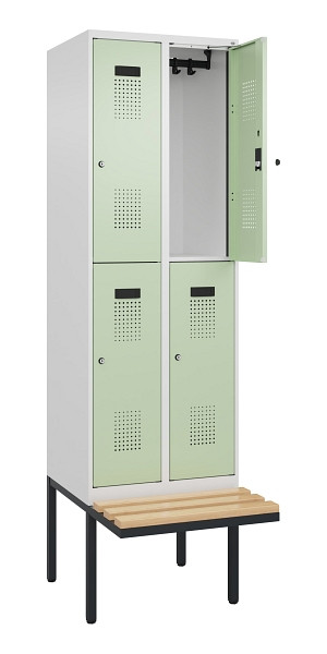 C+P Doppelstock-Spind Evolo PLUS, Bank, 4 Fächer, 2120x600x815mm, 9016/6019, Zylinderschloss, Sitzfläche Buche-Hartholz, 0493407-20 S10046