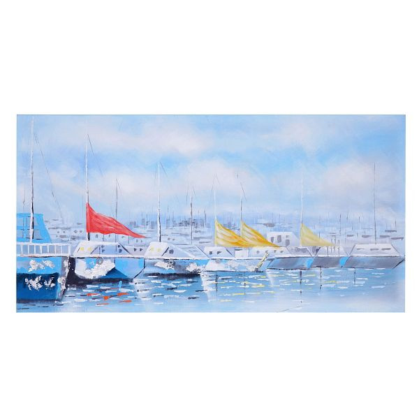Mendler Ölgemälde Boote, 100% handgemaltes Wandbild Gemälde XL, 140x70cm, 59449