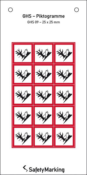 SafetyMarking GHS-Gefahrenpiktogramm, Symbol 09: Umwelt, BxH 2,5x2,5 cm, Folie, selbstklebend, VE: 15 Stück/Bogen, 30.3551-09