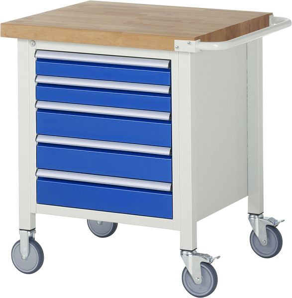 RAU Fahrbare Werkbank 8000 - Modell 8171, B750 x T700 x H880-1080 mm, Systemunterbau B670 x T650 mm, 5 Schubladen, 05-8171A2-077B4H.11