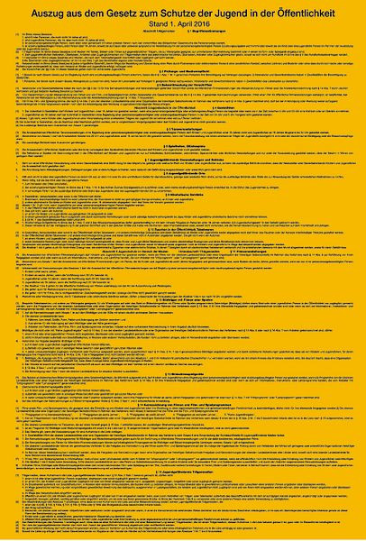 Schilder Klar Aushang Gesetz zum Schutze der Jugend in der Öffentlichkeit, 400x590x1.5 mm Kunststoff, 624/72