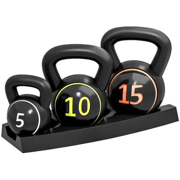 SPORTNOW Kettlebell Set, 3 Kugelhanteln 2,2kg/4,5kg/6,8kg, Kunststoffhülle, Schwarz, A91-282V00BK
