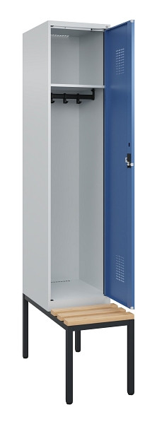 C+P Spind Evolo PLUS, 1 Abteile, 2120x400x815mm, 7035/5023, Haken 4, Zylinderschloss, Sitzfläche Buche-Hartholz, Sitzbank, 0490507-12 S10035