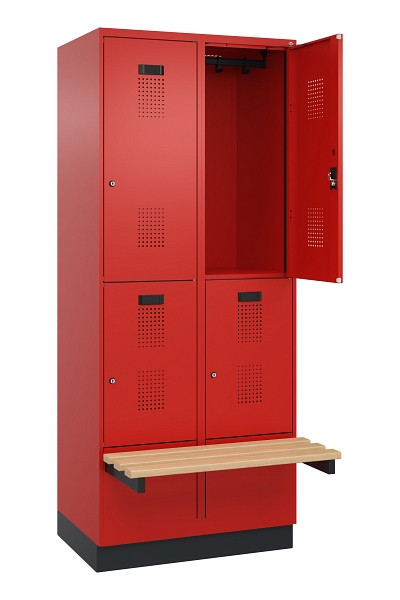 C+P Doppelstock-Spind Evolo PLUS, Bank, 4 Fächer, 1950x800x815mm, 3020/3020, Zylinderschloss, Sitzfläche Buche-Hartholz, mit Sockel, 049340-22 S10052