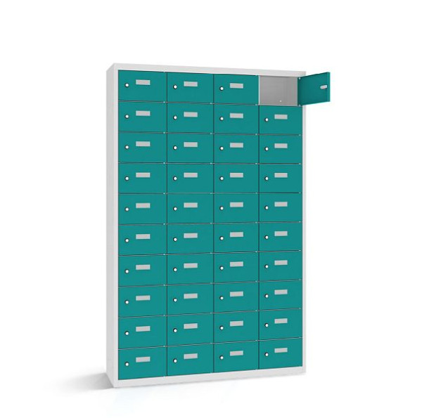 Rotstahl Wertfachschrank, 40 Fächer, Tür einwandig, kurzer Sockel, Korpus: lichtgrau, Türen: türkisblau, 2161-041003-1151112-7035-5018