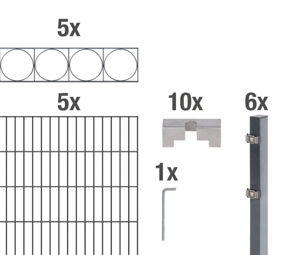 Alberts Doppelstab-Gittermattenset 2 m mit Dekorelement Design Oslo, Stahl, verzinkt anthrazit RAL 7016, Zaunmaße: 10 m x 1400 mm, 668082
