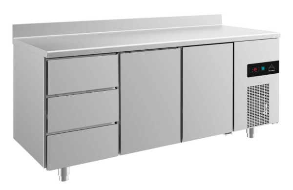 A&S Polarny Kühltisch -2 bis +8°C mit 2x Türen und 1x drei Schubladen links, 1865 x 700 x 850 mm, mit Aufkantung, KT3DTTA
