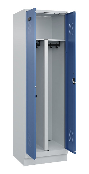 C+P PSA Schwarz-Weiß-Spind Evolo PLUS, mit Sockel, 2 Abteile, 1950x600x500mm, 70, Frontfarbe RAL 5023 Fernblau, Zylinderschloss, 049022-20P S10035