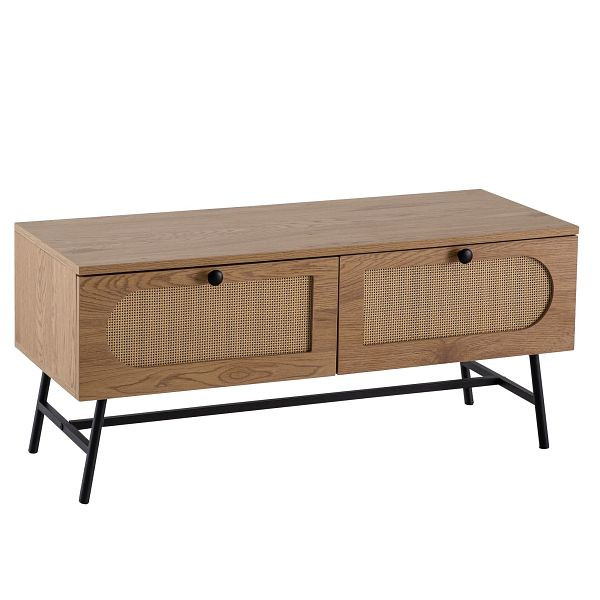 Wohnling Lowboard 100x45x40cm TV-Kommode mit Eiche-Dekor & Rattan, Design TV-Schrank Hoch mit Schubladen, Fernsehtisch Fernsehschrank, WL6.889