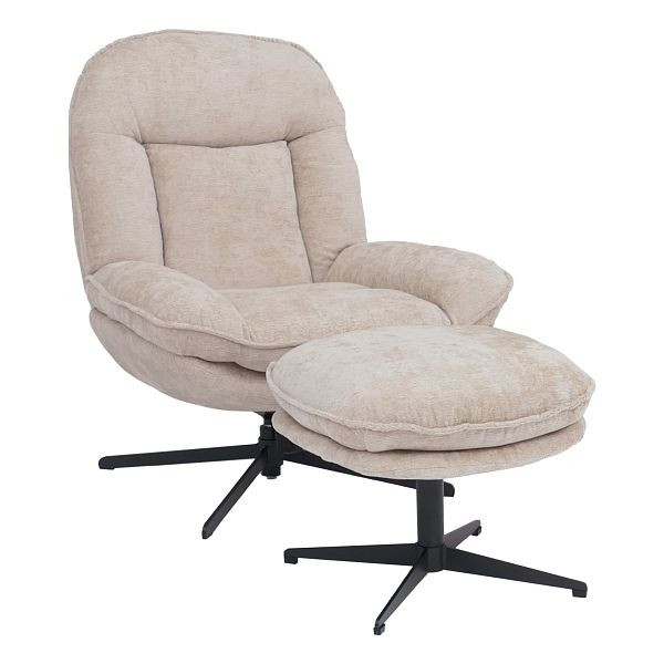Mendler Relaxsessel mit Hocker HWC-P32, Fernsehsessel Nosagfederung, drehbar Metall Stoff/Textil Chenille (370 g/m²), creme, 118700+118704