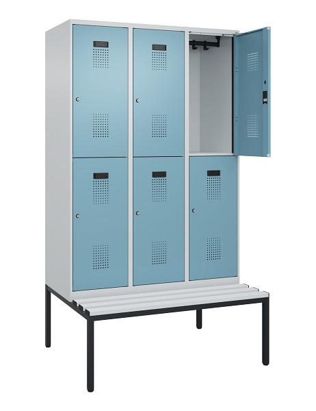 C+P Doppelstock-Spind Evolo PLUS, Bank, 6 Fächer, 2120x1200x815mm, 7035/0010, Zylinderschloss, Sitzfläche Kunststoff, Sitzbank, 0493507-32 S10117