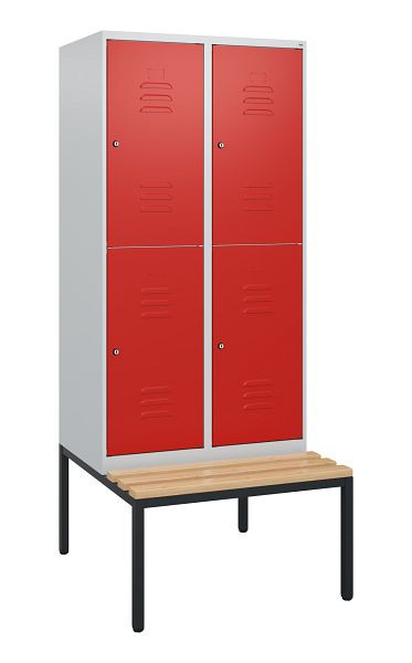 C+P Doppelstöckiger Spind Classic PLUS, 2 Abteile, 1950x800x815mm, 7035/3020, Zylinderschlösser, Buche-Sitzleisten, Sitzbank, 0803505-22 S10028
