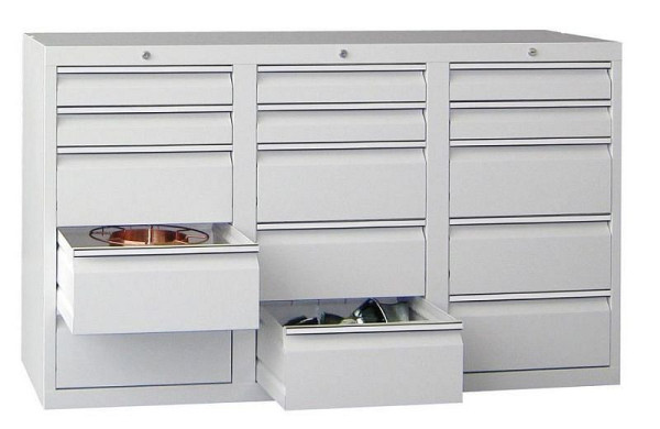 Pavoy Schubladenschrank Gleitführung, 900/1500/500, Zylinderschloss, 3 Reihen, 6x100, 9x200, 43446-150-003-910