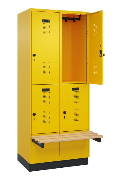 C+P Doppelstock-Spind Evolo PLUS, Bank, 4 Fächer, 1950x800x815mm, 1023/1023, Drehriegel, Sitzfläche Buche-Hartholz, mit Sockel, 049340-22 S10022