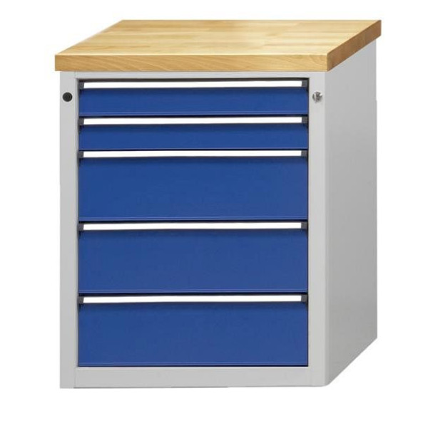 ANKE Werkbänke Beistellschrank; 660 x 615 x 850 mm; RAL 7035/5010; Wanne mit Antirutschmatte; 5 Schubladen 90, 90, 180, 180, 180 mm, 600.020
