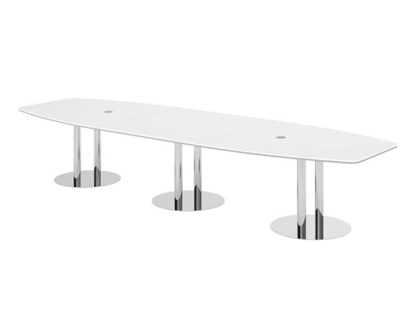 Hammerbacher Konferenztisch KT40S, 400 x 130 cm, Platte: Weiß, 25mm dick, mit drei verchromten Säulenfüßen, 7,6/70 cm, Arbeitshöhe 74 cm, VKT40S/W/C