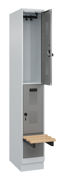 C+P Doppelstock-Spind Evolo PLUS, Bank, 2 Fächer, 1950x300x815mm, 7035/0004, Drehriegel, Sitzfläche Buche-Hartholz, mit Sockel, 049340-10 S10014