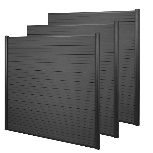 Mendler WPC-Sichtschutz Sarthe, Windschutz Zaun, Alu-Pfosten, 3er Set, 5,6m anthrazit, 68009