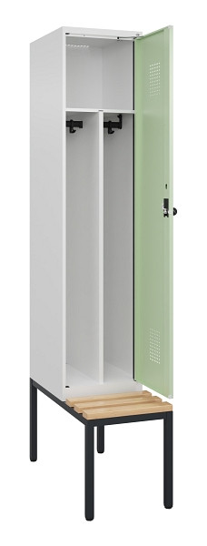 C+P Spind Evolo PLUS, 1 Abteile, 2120x400x815mm, 9016/6019, Haken 4, Drehriegel, Sitzfläche Buche-Hartholz, Sitzbank, Trennwand, 0490507-12F S10019