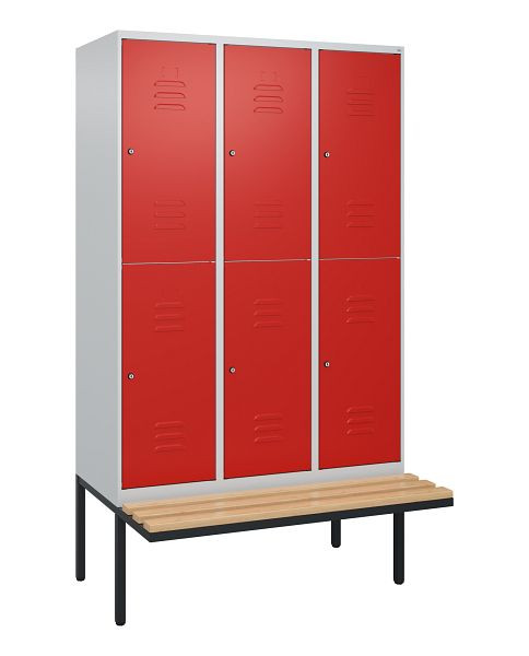 C+P Doppelstöckiger Spind Classic PLUS, 3 Abteile, 2120x1200x815mm, 7035/3020, Zylinderschlösser, Buche-Sitzleisten, Sitzfläche, 0803407-32 S10092