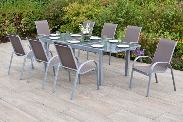 Merxx Amalfi Set 9-teilig, 8 Amalfi Stapelsessel, 1 Ausziehtisch 180 (240) x 100 cm, graue Glasplatte, silber/taupe, 50338-325