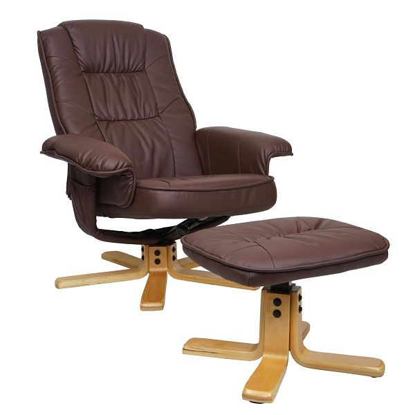 Mendler Relaxsessel M56, Fernsehsessel TV-Sessel mit Hocker Ottomane, Kunstleder Eukalyptus Holz FSC®-zertifiziert, rot-braun, 89411