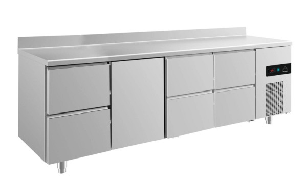 A&S Polarny Kühltisch -2 bis +8°C mit 1x Tür mittig-links und 3x zwei Schubladen, 2330 x 700 x 850 mm, mit Aufkantung, KT4ZTZZA