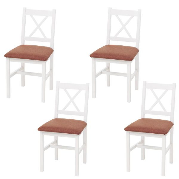 Mendler 4er-Set Esszimmerstuhl HWC-F77, Lehnstuhl Küchenstuhl Stuhl, Massiv-Holz Stoff Landhaus, weiß, Polster terrakotta, 118615