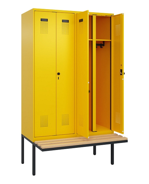 C+P Schwarz-Weiß-Spind Evolo PLUS, Bank, 4 Abteile, 2120x1200x815mm, 1023/1023, Drehriegel, Sitzfläche Holz, 0490427-40 S10022