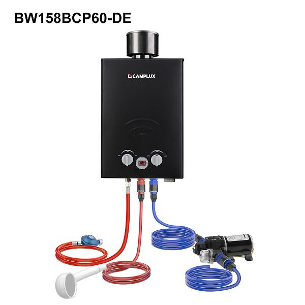 CAMPLUX 6L Tankless Gasdurchlauferhitzer Schwarz mit Wasserpumpe 50mbar, BW158BCP60-DE