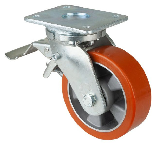 BS Rollen Schwerlastrolle mit Rad-/Feststeller, B50 mm, Ø150 mm, bis 550 kg, Fläche Guss-Polyurethan 95 Shore A, Aluminium, Kugellager, RR120.B90.150
