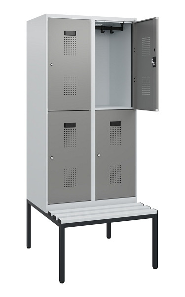 C+P Doppelstöckiger Spind Evolo PLUS, Bank, 4 Fächer, 1950x800x815mm, 7035/0004, Zylinderschloss, Sitzfläche Kunststoff, Sitzbank, 0493505-22 S10149