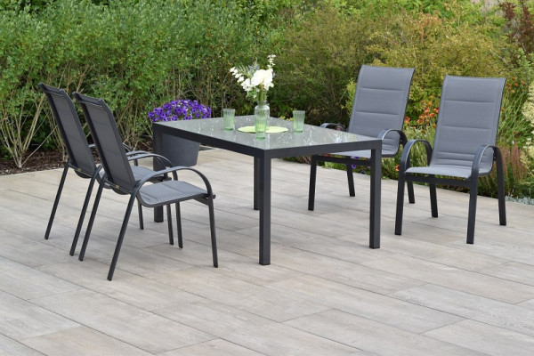 Merxx Amalfi Set 5-teilig, 4 Amalfi Stapelsessel, mit hoher Rückenlehne, 1 Tisch 150 x 80, Graphit/grau, 50708-309