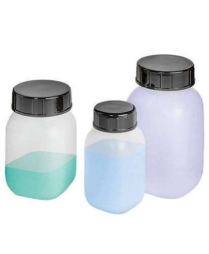 DENIOS Weithalsflaschen aus HDPE, eckig, natur-transparent, 100 ml, VE: 30 Stück, 281973