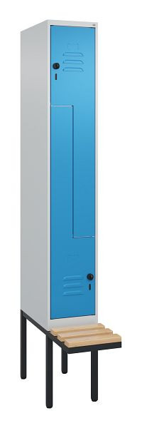 C+P Z-Spind Classic PLUS, Bank, 2 Abteile, 2120x300x815mm, 7035/5012, Drehriegel, Buche-Sitzleisten, 0800437-102 S10004