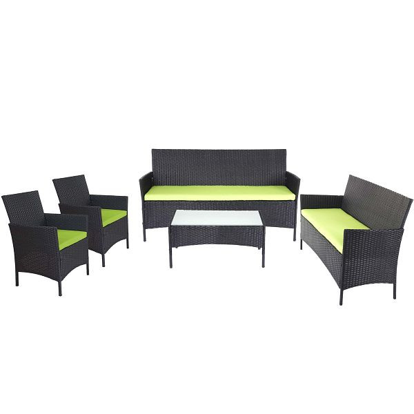 Mendler 3-2-1-1 Poly-Rattan Garten-Garnitur Halden, Lounge-Set Sitzgruppe Sofa, anthrazit, Kissen grün, 64283+52036+52032+52039