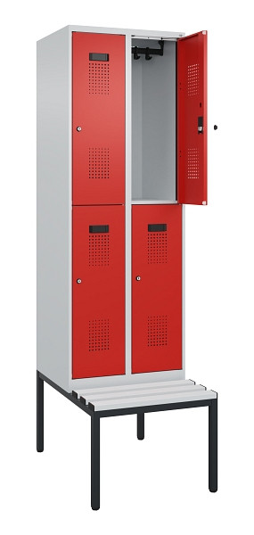 C+P Doppelstock-Spind Evolo PLUS, Bank, 4 Fächer, 2120x600x815mm, 7035/3020, Zylinderschloss, Sitzfläche Kunststoff, Sitzbank, 0493507-20 S10113