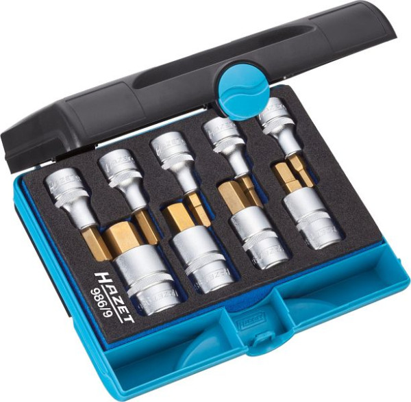 Hazet Schraubendreher-Steckschlüsseleinsatz Satz, Vierkant hohl 12,5 mm, Innen-Sechskant Profil, 5 - 19, Anzahl Werkzeuge: 9, Kurze Ausführung, 986/9