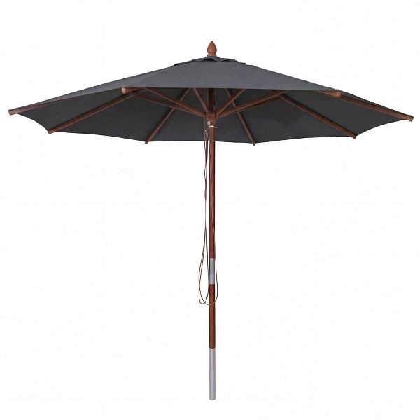 Mendler Gastronomie Holz-Sonnenschirm HWC-C57b, Gartenschirm, Polyester/Holz 14kg, rund Ø3m Seilzug stoßsicher, anthrazit, 120490