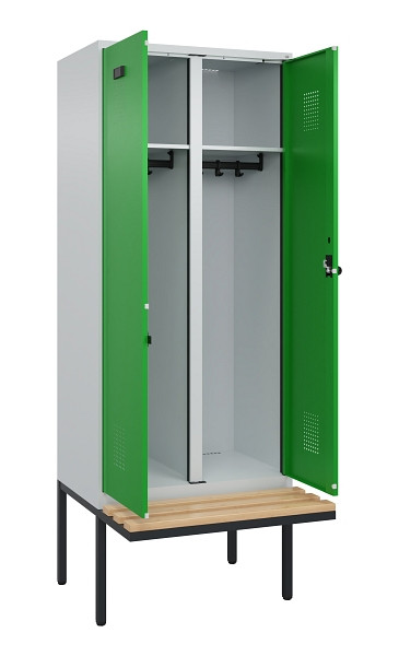C+P Schwarz-Weiß-Spind Evolo PLUS, Bank, 2 Abteile, 2120x800x815mm, 7035/6037, Drehriegel, Sitzfläche Holz, 0490427-22 S10011