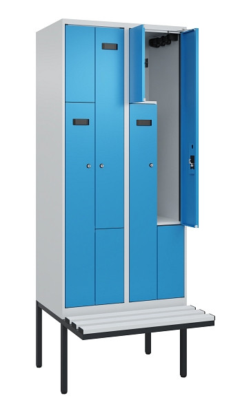 C+P Z-Spind Evolo PLUS, Bank, 4 Fächer, 2120x800x815mm, 7035/5012, Zylinderschloss, Material Sitzfläche Kunststoff, 0490437-224 S10088